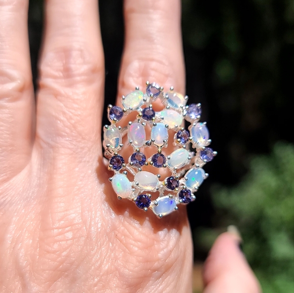 Blue Opals & Lolite 925 sterling cocktail ring sz 8.5 - Picture 4 of 8